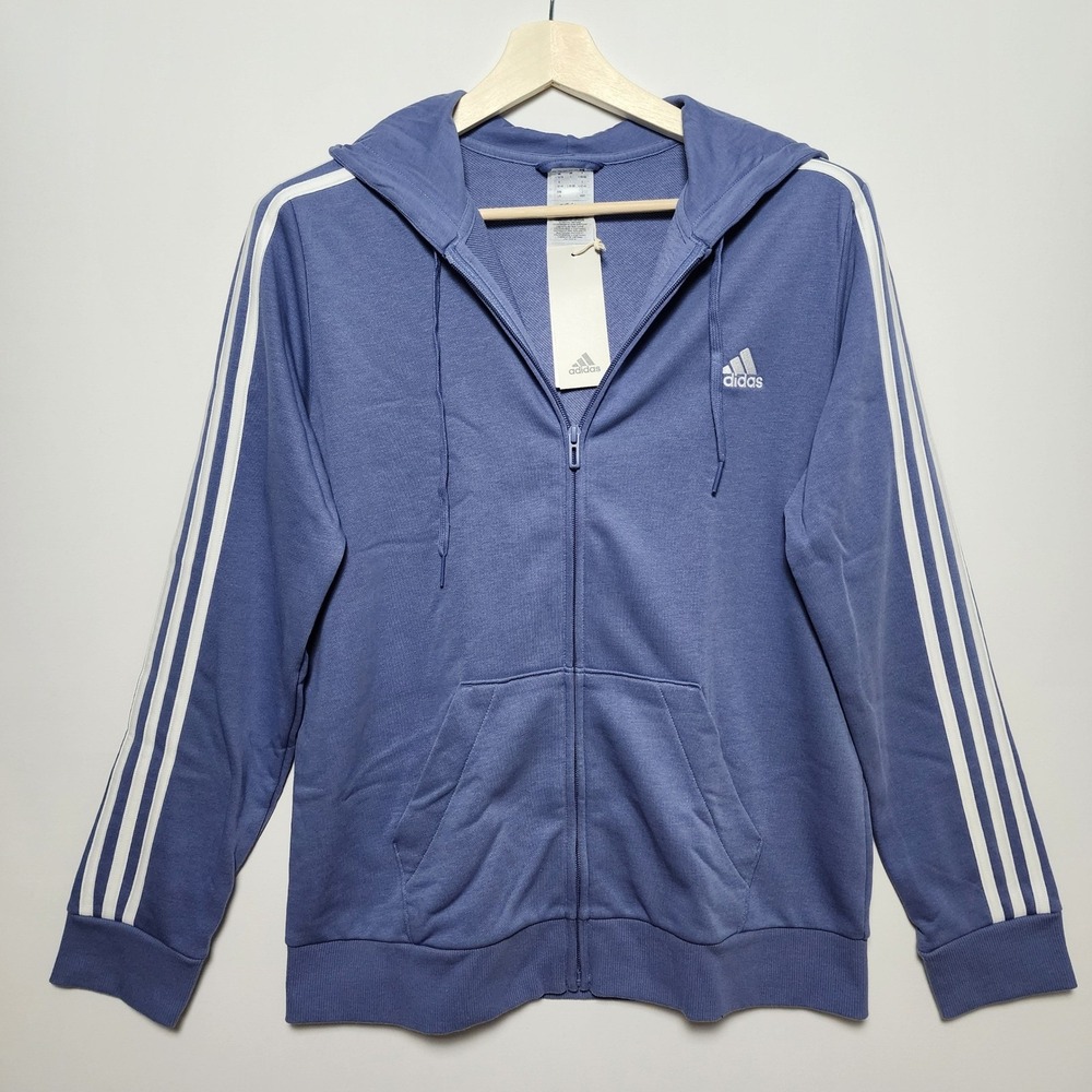 Adidas Essentials 3-Stripes Full Zip Hoodie Heathered Blue White Large